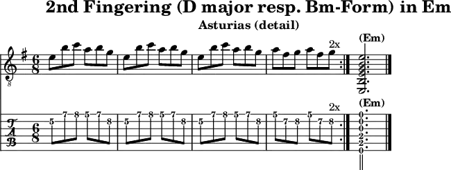 
\version "2.20.0"
\header {
  title="2nd Fingering (D major resp. Bm-Form) in Em"
   subtitle="Asturias (detail)"
}
%% Diskant- bzw. Melodiesaiten
Diskant =  {
  \set TabStaff.minimumFret = #5
  \set TabStaff.restrainOpenStrings = ##t
  \key e \minor
  \repeat volta 2 \relative c'{
  e8 b' c a b g | e8 b' c a b g |
  e8 b' c a b g | a fis g a fis g^\markup {2x} | } 
 \set TabStaff.minimumFret = #0
  <e, b, e g b e'>2.^\markup { \bold {(Em)} }
  \bar "|."
 }

%% Layout- bzw. Bildausgabe
\score {
  <<
    \new Voice  { 
      \clef "treble_8" 
      \time 6/8  
      \tempo 4 = 120 
      \set Score.tempoHideNote = ##t
      \Diskant 
    }
    \new TabStaff { \tabFullNotation \Diskant }
  >>
  \layout {}
}

%% Midiausgabe mit Wiederholungen, ohne Akkorde
\score {
  <<
    \unfoldRepeats {
      \new Staff  <<
        \tempo 4 = 120
        \time 4/4
        \set Staff.midiInstrument = #"acoustic guitar (nylon)"
        \clef "G_8"
        \Diskant
      >>
    }
  >>
  \midi {}
}
%% unterdrückt im raw="!"-Modus das DinA4-Format.
\paper {
  indent=0\mm
  %% DinA4 = 210mm - 10mm Rand - 20mm Lochrand = 180mm
  line-width=180\mm
  oddFooterMarkup=##f
  oddHeaderMarkup=##f
  % bookTitleMarkup=##f
  scoreTitleMarkup=##f
}
