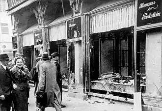 Kristallnacht (The Night of Broken Glass) aftermath in November 1938. Here Jewish shops were looted. Other buildings connected to Jewish residents, including Synagogs were also targeted.