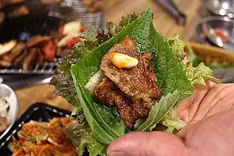 Perilla leaf used to wrap barbecued meat