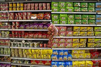 Selection of instant noodles at a market
