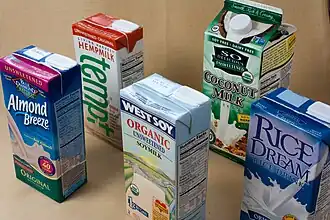 An assortment of commercially-available nondairy milks, including almond, hemp, soy, coconut, and rice