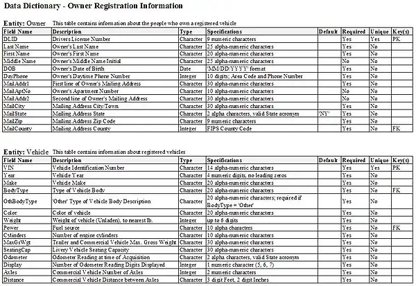 Example of Data Dictionary