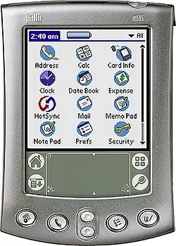 A Palm m505 PDA running Palm OS.