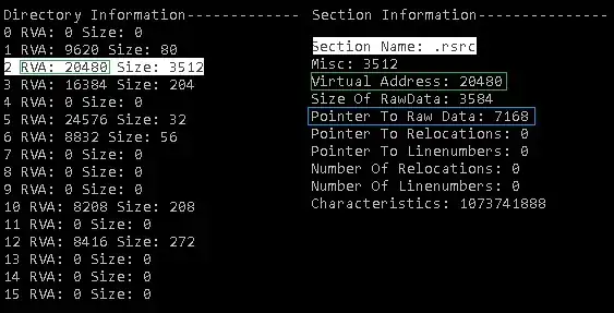 Output showing some of the header and section table data in a PE file