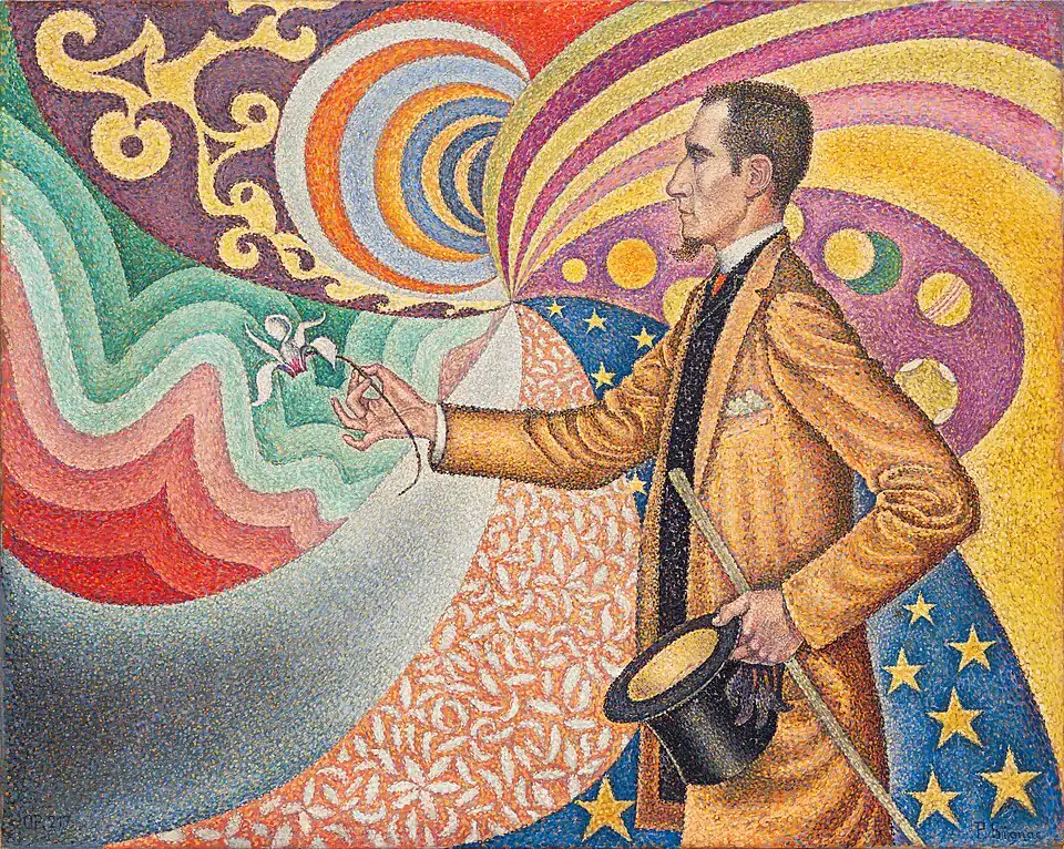 Opus 217. Against the Enamel of a Background Rhythmic with Beats and Angles, Tones, and Tints, Portrait of M. Félix Fénéon in 1890 by Paul Signac - 1890. An example of Neo-Impressionism and Pointillism.