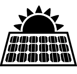 Icon of solar panels and the sun.