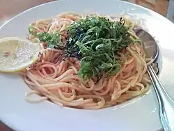 Spaghetti topped with shredded shiso
