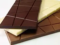 Dark chocolate (top), white chocolate (middle), and milk chocolate (bottom)