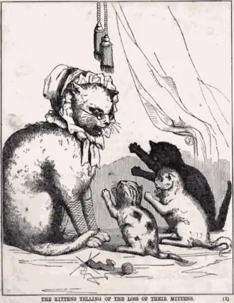 A drawing of three little cats looking at a big cat.