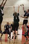 A volleyball may be blocked with both hands up during the play.