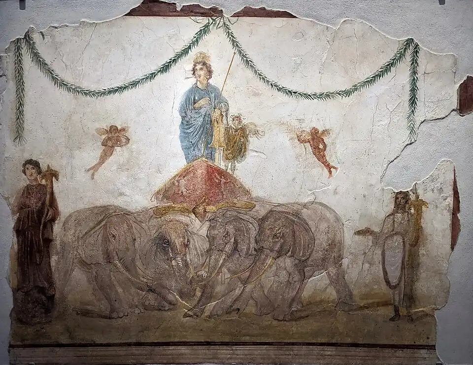 Venus standing on a quadriga of elephants. Roman frecso from the Officina di Verecundus (IX 7, 5) in Pompeii.