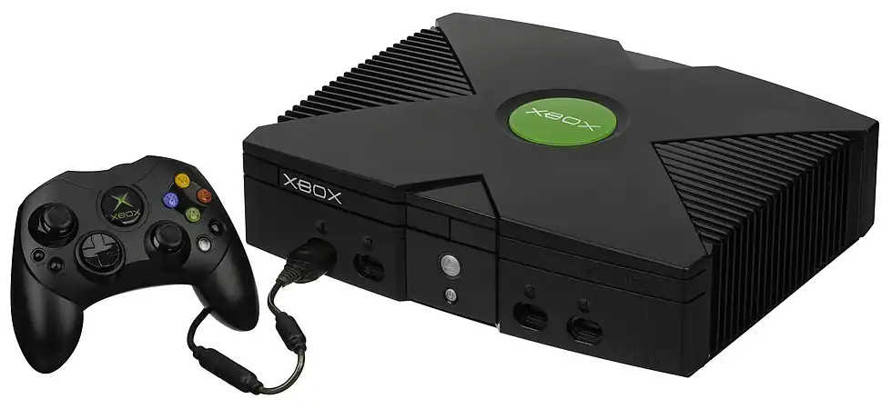 The original Xbox console with an S type controller attached.