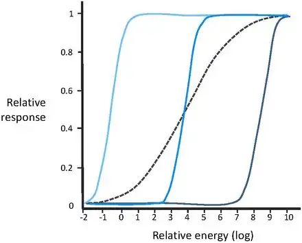 Light adaptation. For a given scene, the solid lines represent families of visual response curves at different (relative) energy levels. The dashed line represents the case where we would adapt in order to cover the entire range of illumination, which would yield limited contrast and reduced sensitivity.