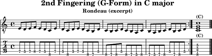 
\version "2.20.0"
\header {
  title="2nd Fingering (G-Form) in C major"
  subtitle="Rondeau (excerpt)"
}
%% Diskant- bzw. Melodiesaiten
Diskant = \relative c {
  \set TabStaff.minimumFret = #5
  \set TabStaff.restrainOpenStrings = ##t
  \key c \major
  \repeat volta 2 {
    e8 d e f e d c e
    d c d e d c b d
    c b c d c b a c
    b a b c d b c d
  }
  <c e g c>1^\markup { \bold {(C)} }
  \bar "|."
 }

%% Layout- bzw. Bildausgabe
\score {
  <<
    \new Voice  { 
      \clef "treble_8" 
      \time 4/4  
      \tempo 4 = 120 
      \set Score.tempoHideNote = ##t
      \Diskant 
    }
    \new TabStaff { \tabFullNotation \Diskant }
  >>
  \layout {}
}

%% Midiausgabe mit Wiederholungen, ohne Akkorde
\score {
  <<
    \unfoldRepeats {
      \new Staff  <<
        \tempo 4 = 120
        \time 4/4
        \set Staff.midiInstrument = #"acoustic guitar (nylon)"
        \clef "G_8"
        \Diskant
      >>
    }
  >>
  \midi {}
}
%% unterdrückt im raw="!"-Modus das DinA4-Format.
\paper {
  indent=0\mm
  %% DinA4 = 210mm - 10mm Rand - 20mm Lochrand = 180mm
  line-width=180\mm
  oddFooterMarkup=##f
  oddHeaderMarkup=##f
  % bookTitleMarkup=##f
  scoreTitleMarkup=##f
}
