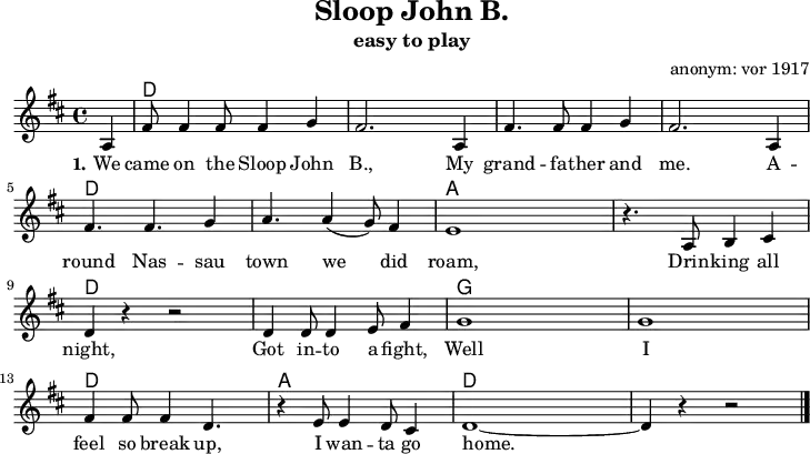 \version "2.20.0"
\header {
title = "Sloop John B."
subtitle = "easy to play"
% poet = "Texter"
composer = "anonym: vor 1917"
% arranger = "arr: ccbysa: Wikibooks (mjchael)"
}
myKey = {
\clef "treble"
\time 4/4
\tempo 4 = 140
%%Tempo ausblenden
\set Score.tempoHideNote = ##t
\key d\major
}
%% Akkorde
%% 4/4-Schlag
%% 1 . 2 . 3 . 4 .
myD = \chordmode { d,4 d8 8 d,4 d8 8 }
myA = \chordmode { a,,4 a,8 8 a,,4 a,8 8 }
myG = \chordmode { g,,4 g,8 8 g,,4 g,8 8 }
%% Lagerfeuerschlag
%% 1 . 2 + . + 4 .
myDL = \chordmode { d,4 d8 4 8 4 }
myAL = \chordmode { a,,4 a,8 4 8 4 }
myGL = \chordmode { g,,4 g,8 4 8 4 }
%% Lagerfeuerschlag mit sus4
myDsus = \chordmode { d,4 d8 4 8 d4:sus4 }
myAsus = \chordmode { a,,4 a,8 4 8 a,4:sus4 }
myGsus = \chordmode { g,,4 g,8 4 8 g,4:sus4 }
myChords = \chordmode {
\set Staff.midiInstrument = #"acoustic guitar (nylon)"
%% Akkorde nur beim Wechsel notieren
\set chordChanges = ##t
\partial 4 s4
\myD \myD \myD \myD
\myD \myD \myA \myA
\myD \myD \myG \myG
\myD \myA \myD \myD
%d,1 %Schlusston
}
myChordsSus = \chordmode {
\set Staff.midiInstrument = #"acoustic guitar (nylon)"
%% Akkorde nur beim Wechsel notieren
\set chordChanges = ##t
\partial 4 s4
\myDsus \myDL \myDsus \myDL
\myDsus \myDL \myAsus \myAL
\myDsus \myDL \myGsus \myGL
\myDL \myAL \myDsus \myDL
d,1 %Schlusston
}
myMelody = \relative c'' {
\myKey
\set Staff.midiInstrument = #"trombone"
\relative c'{
\partial 4 a4 |
fis'8 4 8 4 g | fis2. a,4 |
fis'4. 8 4 g | fis2. a,4 |
fis'4. 4. g4 | a4. a4( g8) fis4 | e1|
r4. a,8 b4 cis | d r4 r2 |
d4 8 4 e8 fis4 | g1 | g1 |
fis4 8 4 d4. | r4 e8 4 d8 cis4 |
d1~ | d4 r4 r2 |
\bar "|."
}
}
myLyrics = \lyricmode {
\set stanza = "1."
We | came on the Sloop John | B.,
My | grand -- fa -- ther and | me.
A -- | round Nas -- sau | town we did | roam, |
Drin -- king all | night, | Got in -- to a | fight,
Well I | feel so break up, | I wan -- ta go | home.
}
\score {
<<
\new ChordNames { \myChords }
\new Voice = "mySong" { \myMelody }
\new Lyrics \lyricsto "mySong" { \myLyrics }
% \new TabStaff { \myChords } %% Check
>>
\layout { }
}
\score {
<<
\new ChordNames { \myChords \myChordsSus }
\new Voice = "mySong" { \myMelody \myMelody }
>>
\midi { }
}
%% unterdrückt im raw="1"-Modus das DinA4-Format.
\paper {
indent=0\mm
%% DinA4 0 210mm - 10mm Rand - 20mm Lochrand = 180mm
line-width=180\mm
oddFooterMarkup=##f
oddHeaderMarkup=##f
% bookTitleMarkup=##f
scoreTitleMarkup=##f
}