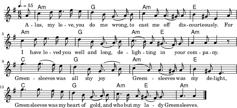 

\version "2.12.3"

\language "deutsch"

\header {
  tagline = ""
}

\layout {
  indent = #0
} 

akkorde = \chordmode {
    \germanChords
    \set chordChanges = ##t
    s8 a1*6/8:m g a:m e a:m g a1*3/8:m e a1*6/8:m c g a:m e c g a1*3/8:m e a1*6/8:m
}

global = {
  \autoBeamOff
  \tempo 4. = 55
  \time 6/8
  \key a \dorian
}

melodie = \relative c'' {
  \global
  \partial8 a8
  c4 d8 e8. fis16 e8
  d4 h8 g8.( a16) h8
  c4 a8 a8.( gis16) a8
  h4 gis8 e4 a8
  c4 d8 e8. fis16 e8
  d4 h8 g8.( a16) h8
  c8.( h16) a8 gis8.( fis16) gis8
  a4 a8 a4 r8
  g'4.g8.( fis16) e8
  d4 h8 g8.( a16 h8)
  c4( a8) a8.( gis16) a8
  h4 gis8 e4.
  g'4.g8. fis16 e8
  d4 h8 g8.( a16) h8
  c8. h16 a8 gis8.( fis16) gis8
  a4. a4
  \bar "|."
}


text = \lyricmode {
A -- las, my lo -- ve, you do me wrong,
to cast me off dis -- cour -- teous -- ly.
For I have lo -- ved you well and long,
de -- ligh -- ting in your com -- pa -- ny.
Green -- sleeves was all my joy
Green -- sleeves was my de -- light,
Green -- sleeves was my heart of gold,
and who but my la -- dy Greensleeves.
}

\score {
  <<
    \new ChordNames { \akkorde }
    \new Voice = "Lied" { \melodie }
    \new Lyrics \lyricsto "Lied" { \text }
  >>
\midi {}
\layout {}
}
