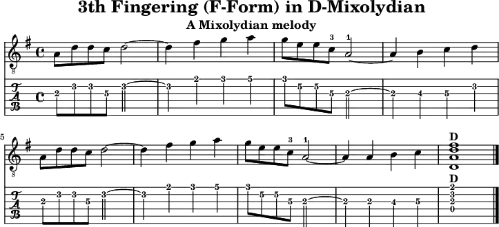 
\version "2.20.0"
\header {
  title="3th Fingering (F-Form) in D-Mixolydian"
  subtitle="A Mixolydian melody"
}
%% Diskant- bzw. Melodiesaiten
Diskant = \relative c' {
  \set TabStaff.minimumFret = #2
  \set TabStaff.restrainOpenStrings = ##t
  \key d \mixolydian
  
  a8 d d c d2~ | d4 fis g a |
  g8 e e c-3 a2~-1 | a4 b c d | \break
  a8 d d c d2~ | d4 fis g a |
  g8 e e c-3 a2~-1 | a4 a b c | 
 \set TabStaff.restrainOpenStrings = ##f
  < d, a' d fis>1^\markup { \bold {D} }

  \bar "|."
}

%% Layout- bzw. Bildausgabe
\score {
  <<
    \new Voice  { 
      \clef "treble_8" 
      \time 4/4  
      \tempo 4 = 120 
      \set Score.tempoHideNote = ##t
      \Diskant 
    }
    \new TabStaff { \tabFullNotation \Diskant }
  >>
  \layout {}
}

%% Midiausgabe mit Wiederholungen, ohne Akkorde
\score {
  <<
    \unfoldRepeats {
      \new Staff  <<
        \tempo 4 = 120
        \time 4/4
        \set Staff.midiInstrument = #"acoustic guitar (nylon)"
        \clef "G_8"
        \Diskant
      >>
    }
  >>
  \midi {}
}
%% unterdrückt im raw="!"-Modus das DinA4-Format.
\paper {
  indent=0\mm
  %% DinA4 = 210mm - 10mm Rand - 20mm Lochrand = 180mm
  line-width=180\mm
  oddFooterMarkup=##f
  oddHeaderMarkup=##f
  % bookTitleMarkup=##f
  scoreTitleMarkup=##f
}
