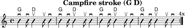 
\version "2.20.0"
\header {
  title="Campfire stroke (G D)"
  encoder="mjchael"
}

myChords = \new ChordNames { \chordmode {
    g4. d8 s2 g4. d8 s2 
    g4. d8 s2 g4. d8 s2
}}

Lager_G_a = {
  <g, b d>4 \downbow %1
  <g b g'>8 \downbow %2
}

Lager_D_b = { 
  <a d' fis'>4 \upbow 
  <a d' fis'>8 \upbow 
  <a d' fis'>4 \downbow
}

myRhythm = { \repeat volta 4 {
  \Lager_G_a \Lager_D_b \Lager_G_a \Lager_D_b
  \Lager_G_a \Lager_D_b \Lager_G_a \Lager_D_b
  \mark "4x"
}}

\score { << %layout
  % Chords
  \myChords
  % Slash Notation
  \new Voice \with {
    \consists "Pitch_squash_engraver"
  }{
    \set Staff.midiInstrument = "acoustic guitar (nylon)"
    \improvisationOn
    \override NoteHead.X-offset = 0
    \myRhythm
  }
>> \layout{} }

\score { << % midi
  \unfoldRepeats {
    \tempo 4 = 90
    \time 4/4
    \key d \major
    \set Staff.midiInstrument = #"acoustic guitar (nylon)"
    c4 b, a,
    \myRhythm 
    <g, b, d g b g,>1 \downbow
  }
>> \midi{} }

\paper {
  indent=0\mm
  line-width=180\mm
  oddFooterMarkup=##f
  oddHeaderMarkup=##f
  % bookTitleMarkup=##f
  scoreTitleMarkup=##f
}
