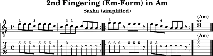 
\version "2.20.0"
\header {
  title="2nd Fingering (Em-Form) in Am"
  subtitle="Sasha (simplified)"
}
%% Diskant- bzw. Melodiesaiten
Diskant = \relative c' {
  \set TabStaff.minimumFret = #2
  \set TabStaff.restrainOpenStrings = ##t
  \key c \major
  \repeat volta 2 {
    e8-4 e e c-3 e e e c |
     b d-3 c-4 b c a a a |
  }
  \repeat volta 2 {
    f'-4 f f r e e e r |
     e d c-4 b a a a r |
  }
  \set TabStaff.minimumFret = #5
  <c e a>1^\markup { \bold {(Am)} }
  \bar "|."
 }

%% Layout- bzw. Bildausgabe
\score {
  <<
    \new Voice  { 
      \clef "treble_8" 
      \time 4/4  
      \tempo 4 = 60 
      \set Score.tempoHideNote = ##t
      \Diskant 
    }
    \new TabStaff { \tabFullNotation \Diskant }
  >>
  \layout {}
}

%% Midiausgabe mit Wiederholungen, ohne Akkorde
\score {
  <<
    \unfoldRepeats {
      \new Staff  <<
        \tempo 4 = 120
        \time 4/4
        \set Staff.midiInstrument = #"acoustic guitar (nylon)"
        \clef "G_8"
        \Diskant
      >>
    }
  >>
  \midi {}
}
%% unterdrückt im raw="!"-Modus das DinA4-Format.
\paper {
  indent=0\mm
  %% DinA4 = 210mm - 10mm Rand - 20mm Lochrand = 180mm
  line-width=180\mm
  oddFooterMarkup=##f
  oddHeaderMarkup=##f
  % bookTitleMarkup=##f
  scoreTitleMarkup=##f
}
