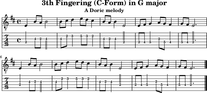 
\version "2.20.0"
\header {
  title="3th Fingering (C-Form) in G major"
  subtitle="A Doric melody"
}
%% Diskant- bzw. Melodiesaiten
Diskant = \relative c {
  \set TabStaff.minimumFret = #2
  \set TabStaff.restrainOpenStrings = ##t
  \key e \dorian
  e4 b'8 a b2 | b8 cis d4 e8 d cis4 |
  b8 a b4 e,2 | e8 fis g4 a8 g fis4 |
  g8 fis e2. |
  e4 b'8 a b2 | b8 cis d4 e8 d cis4 |
  b8 a b4 e,2 | e8 fis g4 a8 g fis4 |
  g8 fis e2.
  \bar "|."
}

%% Layout- bzw. Bildausgabe
\score {
  <<
    \new Voice  { 
      \clef "treble_8" 
      \time 4/4  
      \tempo 4 = 120 
      \set Score.tempoHideNote = ##t
      \Diskant 
    }
    \new TabStaff { \tabFullNotation \Diskant }
  >>
  \layout {}
}

%% Midiausgabe mit Wiederholungen, ohne Akkorde
\score {
  <<
    \unfoldRepeats {
      \new Staff  <<
        \tempo 4 = 120
        \time 4/4
        \set Staff.midiInstrument = #"acoustic guitar (nylon)"
        \clef "G_8"
        \Diskant
      >>
    }
  >>
  \midi {}
}
%% unterdrückt im raw="!"-Modus das DinA4-Format.
\paper {
  indent=0\mm
  %% DinA4 = 210mm - 10mm Rand - 20mm Lochrand = 180mm
  line-width=180\mm
  oddFooterMarkup=##f
  oddHeaderMarkup=##f
  % bookTitleMarkup=##f
  scoreTitleMarkup=##f
}
