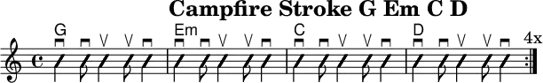 
\version "2.20.0"
\header {
  title="Campfire Stroke G Em C D"
  encoder="mjchael"
}

myChords = \new ChordNames { \chordmode {
    g1 e:m c d
}}

Lager_G = {
  <g, b d>4 \downbow %1
  <g b g'>8 \downbow %2
  <g b g'>4 \upbow %+
  <g b g'>8 \upbow %+
  <g b g'>4 \downbow %4
}

Lager_Em = {
  <e, b e>4 \downbow %1
  <g b e'>8 \downbow %2
  <g b e'>4 \upbow %+
  <g b e'>8 \upbow %+
  <g b e'>4 \downbow %4
}

Lager_C = {
  <e, c e>4 \downbow
  <g c' e'>8 \downbow 
  <g c' e'>4 \upbow 
  <g c' e'>8 \upbow 
  <g c' e'>4 \downbow
}

Lager_D = {
  <a, d a>4 \downbow
  <a d' fis'>8 \downbow 
  <a d' fis'>4 \upbow 
  <a d' fis'>8 \upbow 
  <a d' fis'>4 \downbow
}

myRhythm = { \repeat volta 4 {
  \Lager_G \Lager_Em \Lager_C \Lager_D
  \mark "4x"
}}

\score { << %layout
  % Chords
  \myChords
  % Slash Notation
  \new Voice \with {
    \consists "Pitch_squash_engraver"
  }{
    \set Staff.midiInstrument = "acoustic guitar (nylon)"
    \improvisationOn
    \override NoteHead.X-offset = 0
    \myRhythm
  }
>> \layout{} }

\score { << % midi
  \unfoldRepeats {
    \tempo 4 = 90
    \time 4/4
    \key d \major
    \set Staff.midiInstrument = #"acoustic guitar (nylon)"
    c4 b, a,
    \myRhythm 
    <g, b, d g b g,>1 \downbow
  }
>> \midi{} }

\paper {
  indent=0\mm
  line-width=180\mm
  oddFooterMarkup=##f
  oddHeaderMarkup=##f
  % bookTitleMarkup=##f
  scoreTitleMarkup=##f
}
