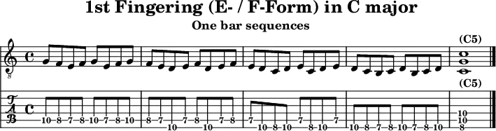 
\version "2.20.0"
\header {
  title="1st Fingering (E- / F-Form) in C major"
  subtitle="One bar sequences"
}
%% Diskant- bzw. Melodiesaiten
Diskant = \relative c' {
  \set TabStaff.minimumFret = #7
  \set TabStaff.restrainOpenStrings = ##t
  \key c \major
  g8 f e f g e f g
  f e d e f d e f
  e d c d e c d e
  d c b c d b c d
  <c g' c>1^\markup { \bold {(C5)} }
  \bar "|."
 }

%% Layout- bzw. Bildausgabe
\score {
  <<
    \new Voice  { 
      \clef "treble_8" 
      \time 4/4  
      \tempo 4 = 120 
      \set Score.tempoHideNote = ##t
      \Diskant 
    }
    \new TabStaff { \tabFullNotation \Diskant }
  >>
  \layout {}
}

%% Midiausgabe mit Wiederholungen, ohne Akkorde
\score {
  <<
    \unfoldRepeats {
      \new Staff  <<
        \tempo 4 = 120
        \time 4/4
        \set Staff.midiInstrument = #"acoustic guitar (nylon)"
        \clef "G_8"
        \Diskant
      >>
    }
  >>
  \midi {}
}
%% unterdrückt im raw="!"-Modus das DinA4-Format.
\paper {
  indent=0\mm
  %% DinA4 = 210mm - 10mm Rand - 20mm Lochrand = 180mm
  line-width=180\mm
  oddFooterMarkup=##f
  oddHeaderMarkup=##f
  % bookTitleMarkup=##f
  scoreTitleMarkup=##f
}
