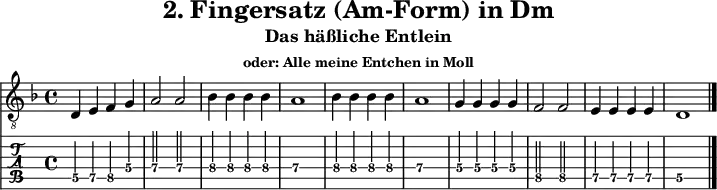 
\version "2.20.0"
\header {
  title="2. Fingersatz (Am-Form) in Dm"
  subtitle="Das häßliche Entlein" subsubtitle="oder: Alle meine Entchen in Moll"
}
%% Diskant- bzw. Melodiesaiten
Diskant = \relative c {
  \set TabStaff.minimumFret = #5
  \set TabStaff.restrainOpenStrings = ##t
  \key d \minor
  d4 e f g a2 2 bes4 4 4 4 a1
  bes4 4 4 4 a1 g4 4 4 4 f2 2
  e4 4 4 4 d1
  \bar "|."
}

%% Layout- bzw. Bildausgabe
\score {
  <<
    \new Voice  { 
      \clef "treble_8" 
      \time 4/4  
      \tempo 4 = 120 
      \set Score.tempoHideNote = ##t
      \Diskant 
    }
    \new TabStaff { \tabFullNotation \Diskant }
  >>
  \layout {}
}

%% Midiausgabe mit Wiederholungen, ohne Akkorde
\score {
  <<
    \unfoldRepeats {
      \new Staff  <<
        \tempo 4 = 120
        \time 4/4
        \set Staff.midiInstrument = #"acoustic guitar (nylon)"
        \clef "G_8"
        \Diskant
      >>
    }
  >>
  \midi {}
}
%% unterdrückt im raw="!"-Modus das DinA4-Format.
\paper {
  indent=0\mm
  %% DinA4 = 210mm - 10mm Rand - 20mm Lochrand = 180mm
  line-width=180\mm
  oddFooterMarkup=##f
  oddHeaderMarkup=##f
  % bookTitleMarkup=##f
  scoreTitleMarkup=##f
}
