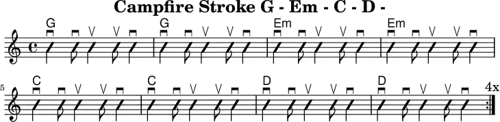 
\version "2.20.0"
\header {
  title="Campfire Stroke G - Em - C - D -"
  encoder="mjchael"
}

myChords = \new ChordNames { \chordmode {
    g1 g e:m e:m c c d d 
}}

Lager_G = {
  <g, b d>4 \downbow %1
  <g b g'>8 \downbow %2
  <g b g'>4 \upbow %+
  <g b g'>8 \upbow %+
  <g b g'>4 \downbow %4
}

Lager_Em = {
  <e, b e>4 \downbow %1
  <g b e'>8 \downbow %2
  <g b e'>4 \upbow %+
  <g b e'>8 \upbow %+
  <g b e'>4 \downbow %4
}

Lager_C = {
  <e, c e>4 \downbow
  <g c' e'>8 \downbow 
  <g c' e'>4 \upbow 
  <g c' e'>8 \upbow 
  <g c' e'>4 \downbow
}

Lager_D = {
  <a, d a>4 \downbow
  <a d' fis'>8 \downbow 
  <a d' fis'>4 \upbow 
  <a d' fis'>8 \upbow 
  <a d' fis'>4 \downbow
}

myRhythm = { \repeat volta 4 {
  \Lager_G \Lager_G \Lager_Em \Lager_Em \break
  \Lager_C \Lager_C \Lager_D \Lager_D
  \mark "4x"
}}

\score { << %layout
  % Chords
  \myChords
  % Slash Notation
  \new Voice \with {
    \consists "Pitch_squash_engraver"
  }{
    \set Staff.midiInstrument = "acoustic guitar (nylon)"
    \improvisationOn
    \override NoteHead.X-offset = 0
    \myRhythm
  }
>> \layout{} }

\score { << % midi
  \unfoldRepeats {
    \tempo 4 = 90
    \time 4/4
    \key d \major
    \set Staff.midiInstrument = #"acoustic guitar (nylon)"
    c4 b, a,
    \myRhythm 
    <g, b, d g b g,>1 \downbow
  }
>> \midi{} }

\paper {
  indent=0\mm
  line-width=180\mm
  oddFooterMarkup=##f
  oddHeaderMarkup=##f
  % bookTitleMarkup=##f
  scoreTitleMarkup=##f
}
